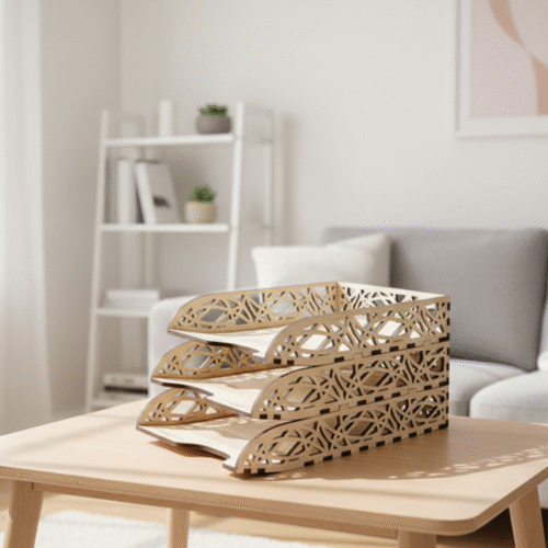 Elegant Laser-Cut Wooden 3-Tier Paper / File Tray
