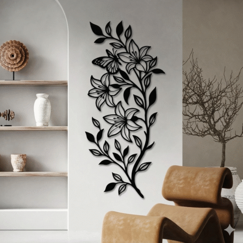 Floral MDF Wall Art – Abstract Butterfly & Flower Branch Laser Cut Décor