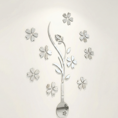 Elegant Floral Vase Silver Acrylic Mirror Wall Decal