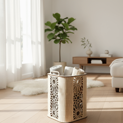Elegant Laser-Cut Wooden Decorative Bin / Basket with Handles