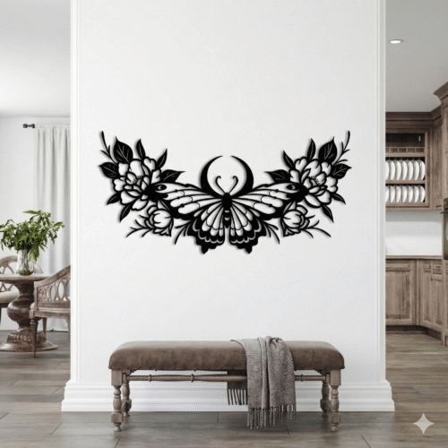 Butterfly Moon MDF Wall Art – Floral Mandala Nature-Inspired Wall Décor