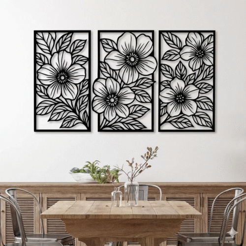Huge Floral MDF Wall Art Set – 3-Panel Rustic Flower Wall Décor