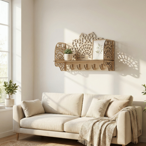 Bohemian Laser-Cut MDF Wall Shelf with Hooks (Key Holder / Entryway Organizer)