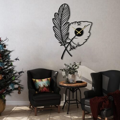 Feather Leaf MDF Wall Clock – Nature Inspired Modern Wall Art Décor